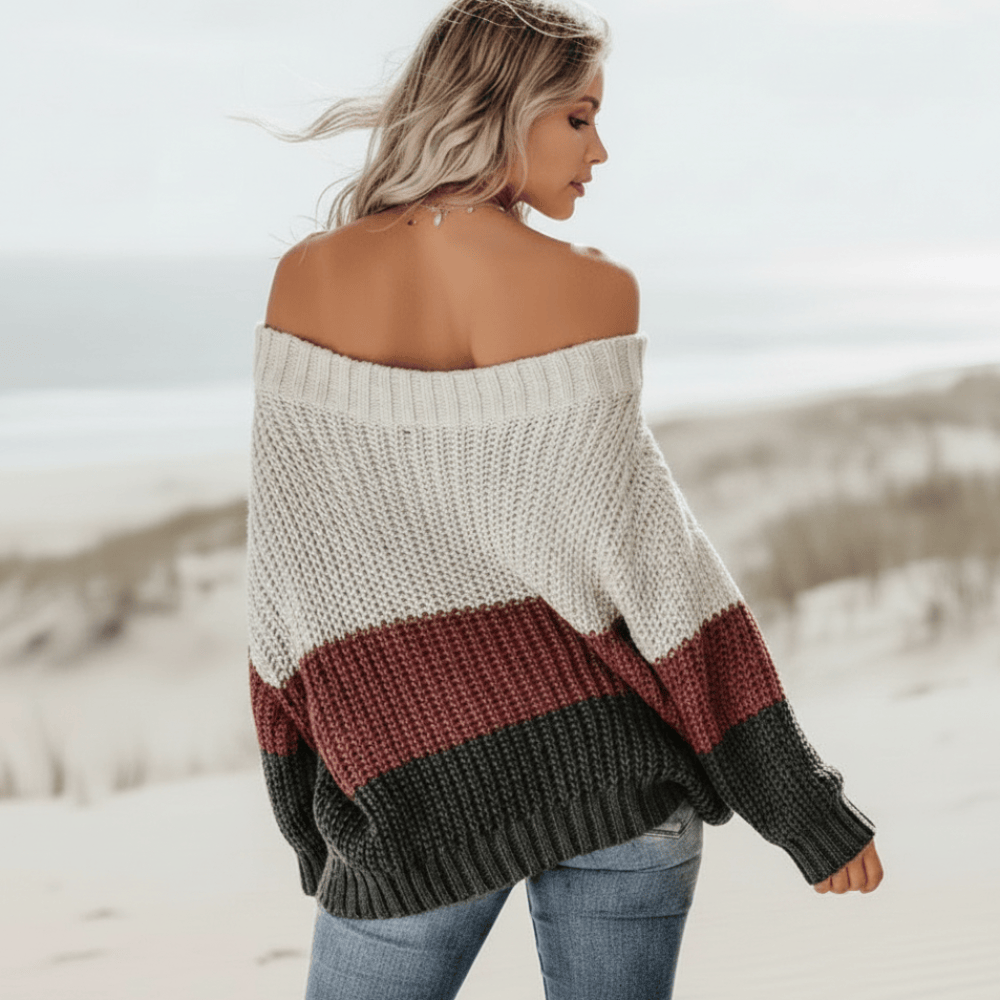 Women’s Colour Block Off-Shoulder Chunky Knit Sweater
