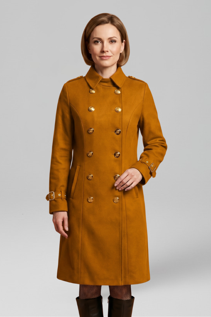 Women's Double-Breasted Military Coat with Buckle Cuffs