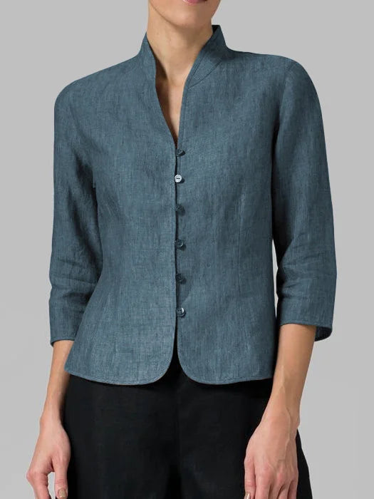 Women's Stand Collar V-Neck Button Blouse with 3/4 Sleeves