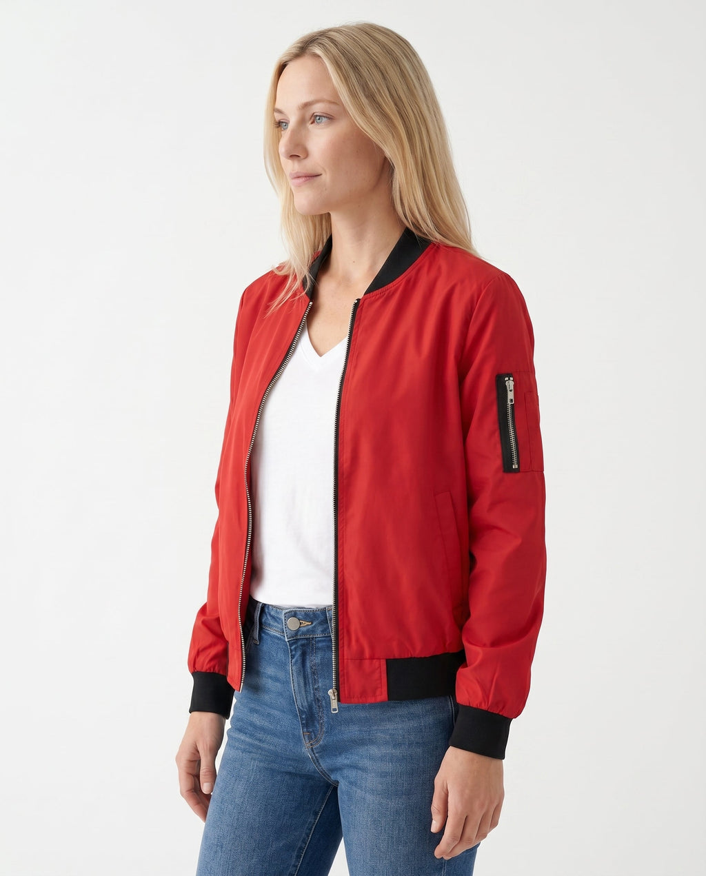 Women's Classic Bomber Jacket with Sleeve Zip Pocket