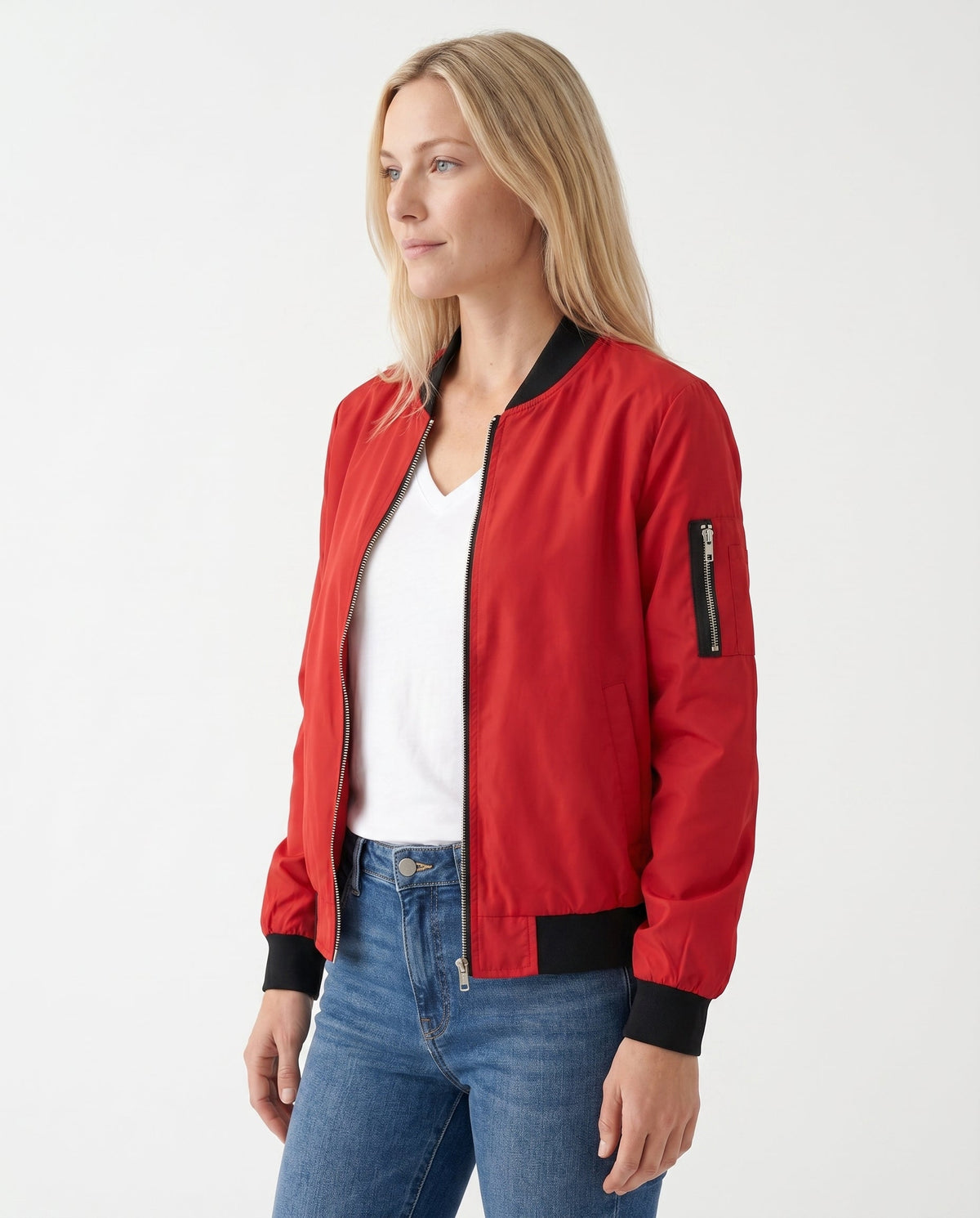Women's Classic Bomber Jacket with Sleeve Zip Pocket