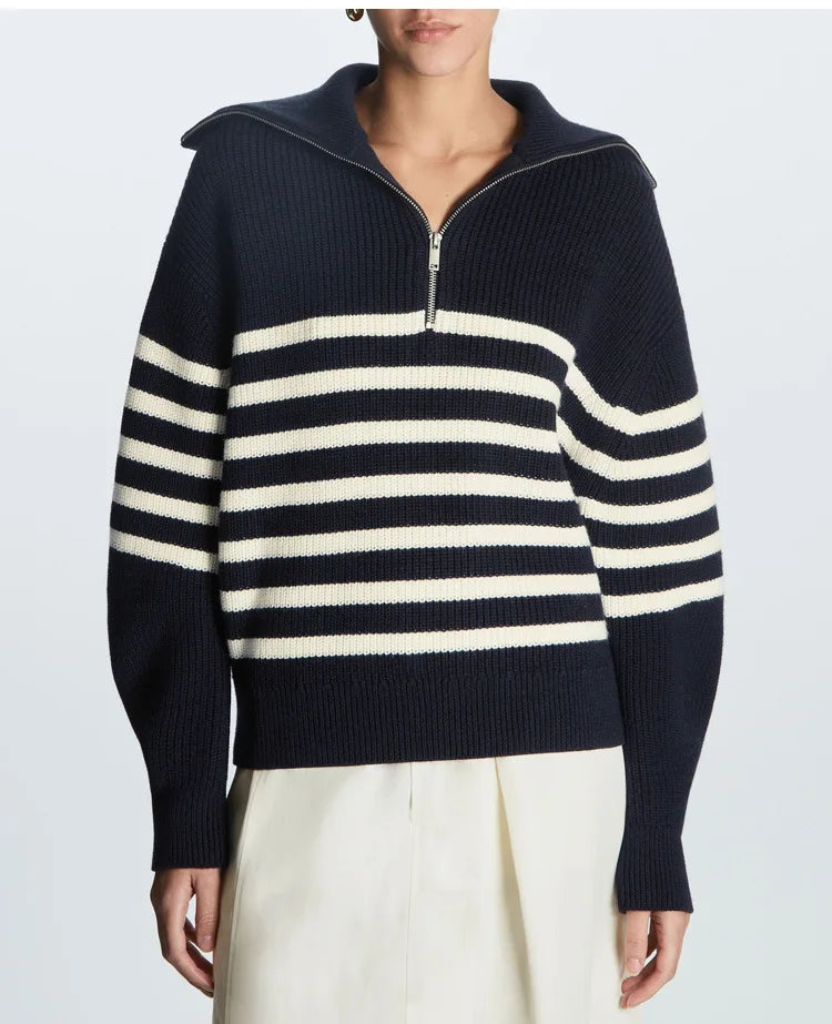 Women's Striped Half-Zip Knit Sweater with Collar