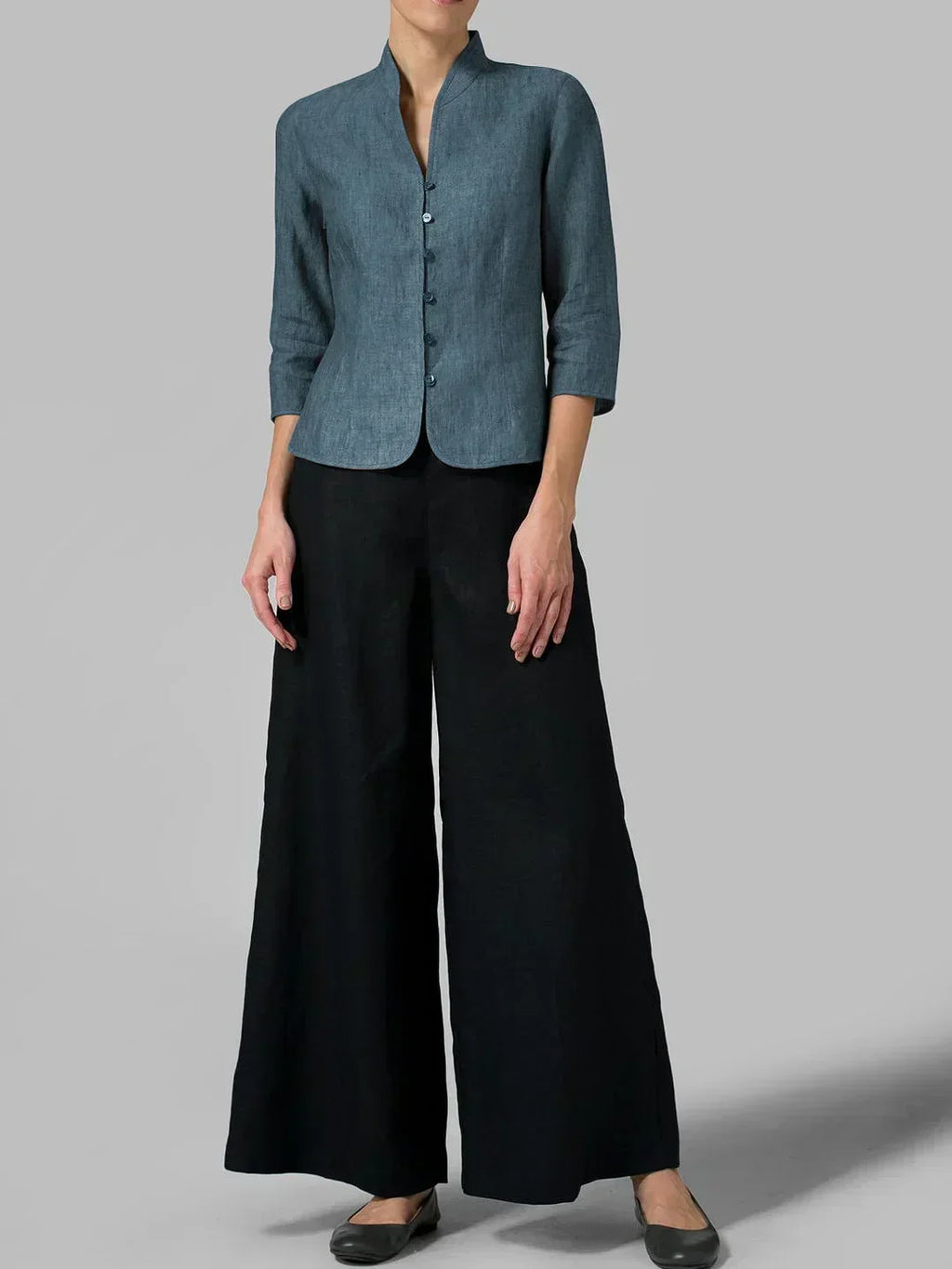 Women's Stand Collar V-Neck Button Blouse with 3/4 Sleeves