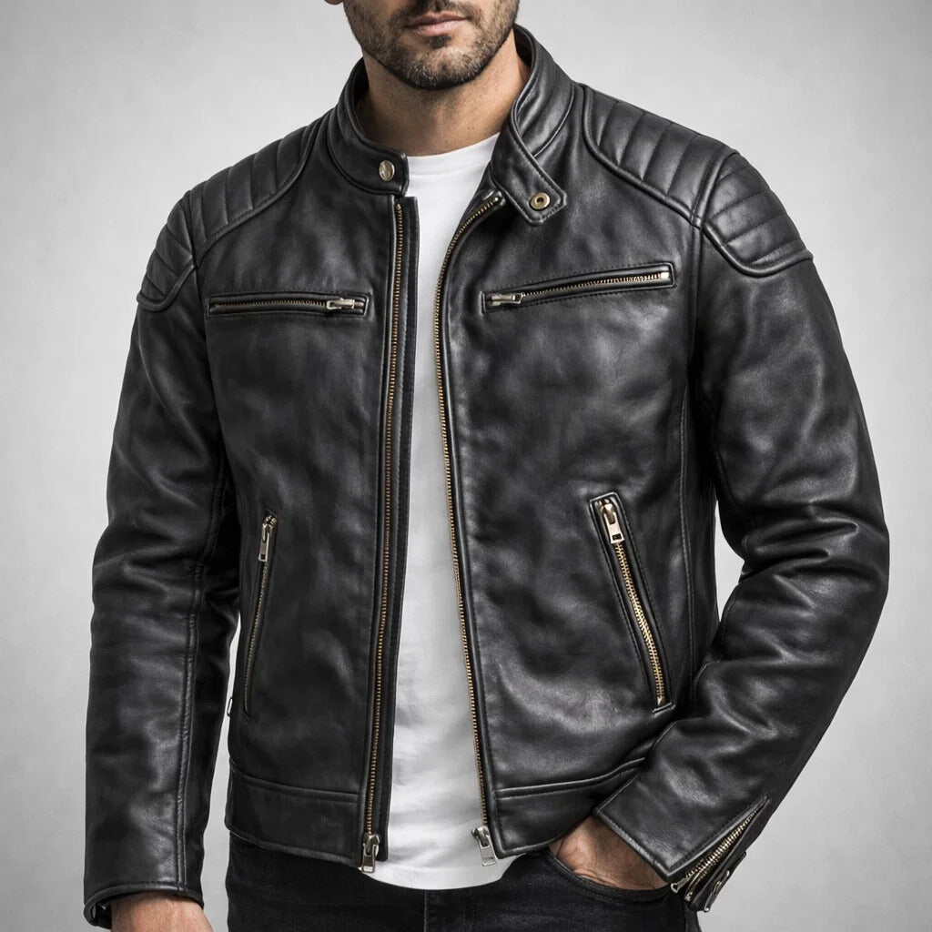 Men's Faux Leather Biker Jacket with Quilted Shoulders