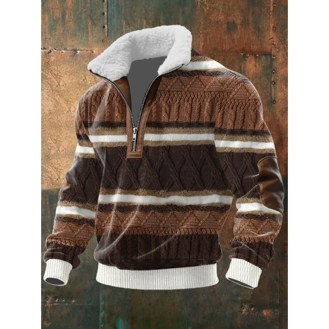 Men's Colour Block Half-Zip Sweater with Contrast Elbow Patches