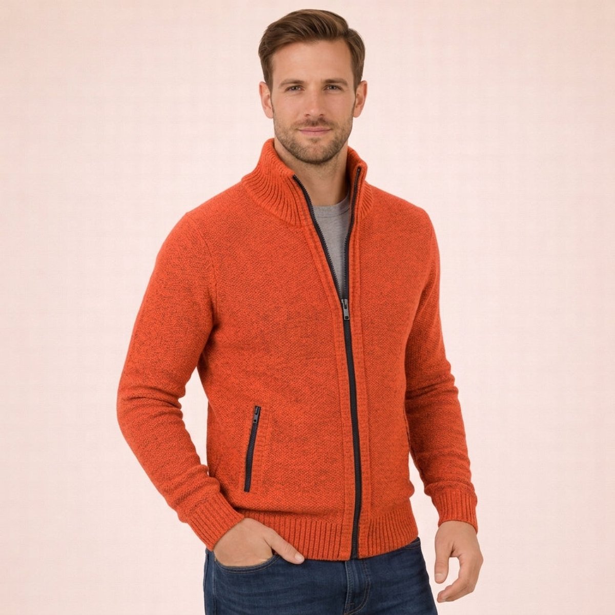 Men's Full-Zip Knit Cardigan Sweater with Stand Collar
