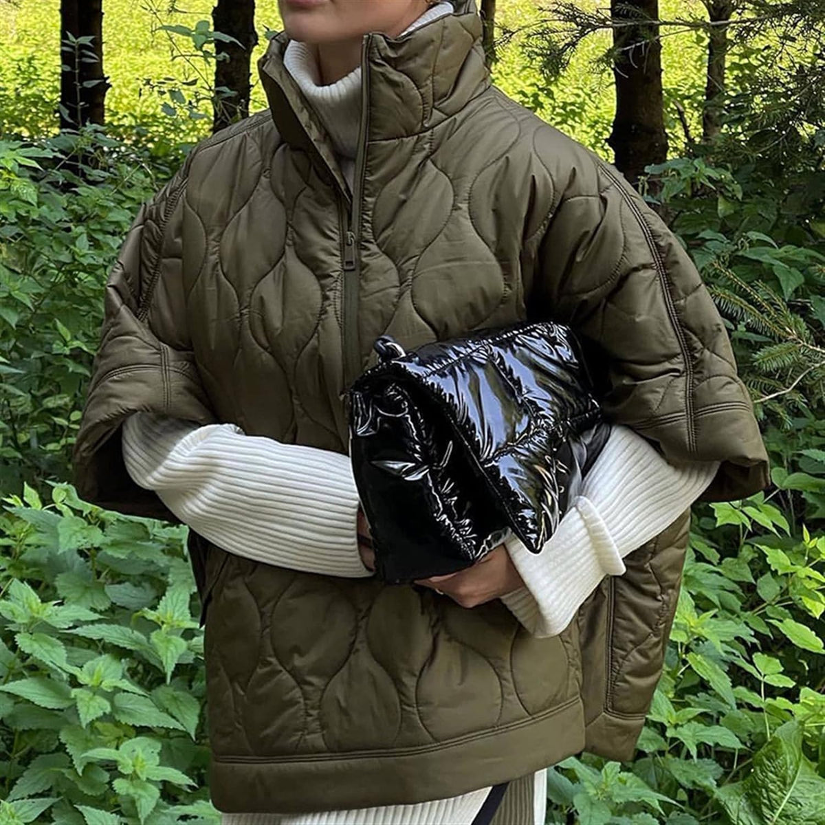 Women's Quilted Poncho Jacket with Stand Collar