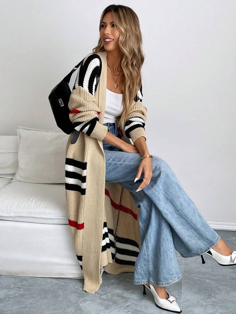 Women's Longline Striped Open-Front Knit Cardigan
