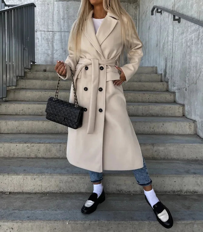 Women's Double-Breasted Belted Midi Coat with Notched Lapels