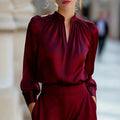Women's Satin V-Neck Blouse with Stand Collar