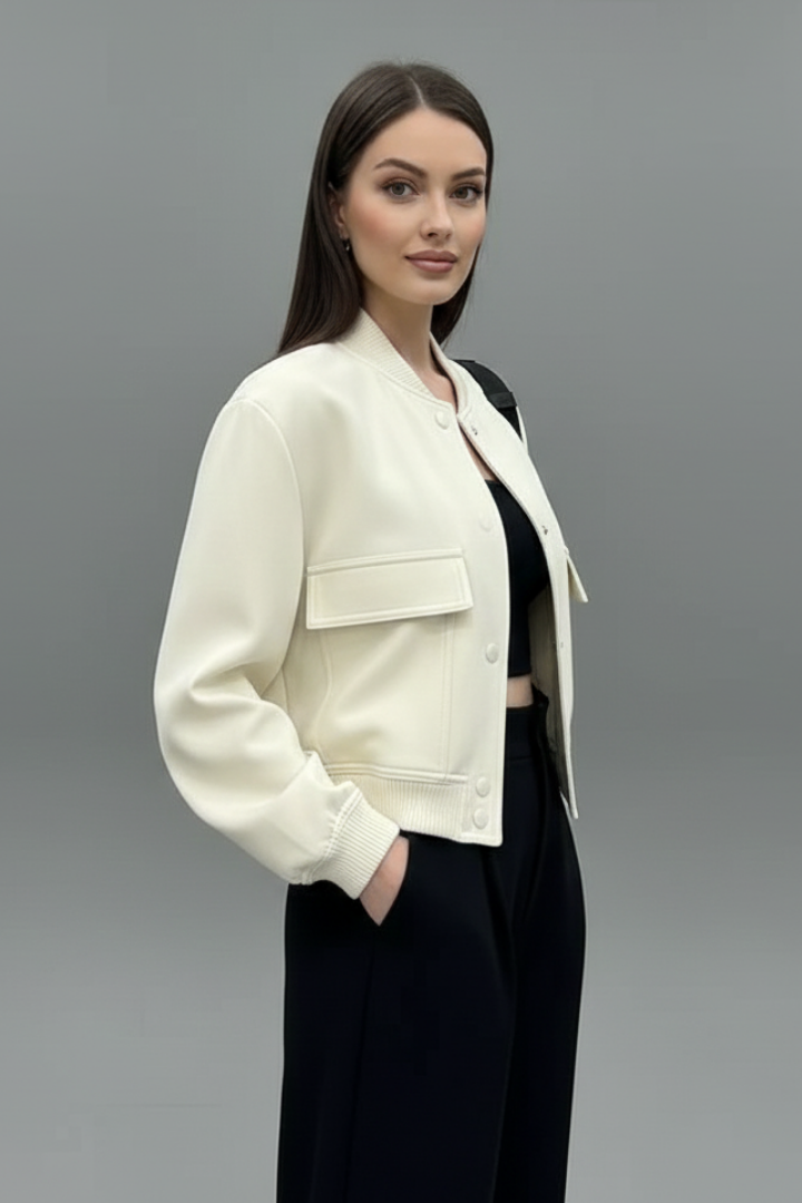 Women's Cropped Bomber Jacket with Flap Pockets