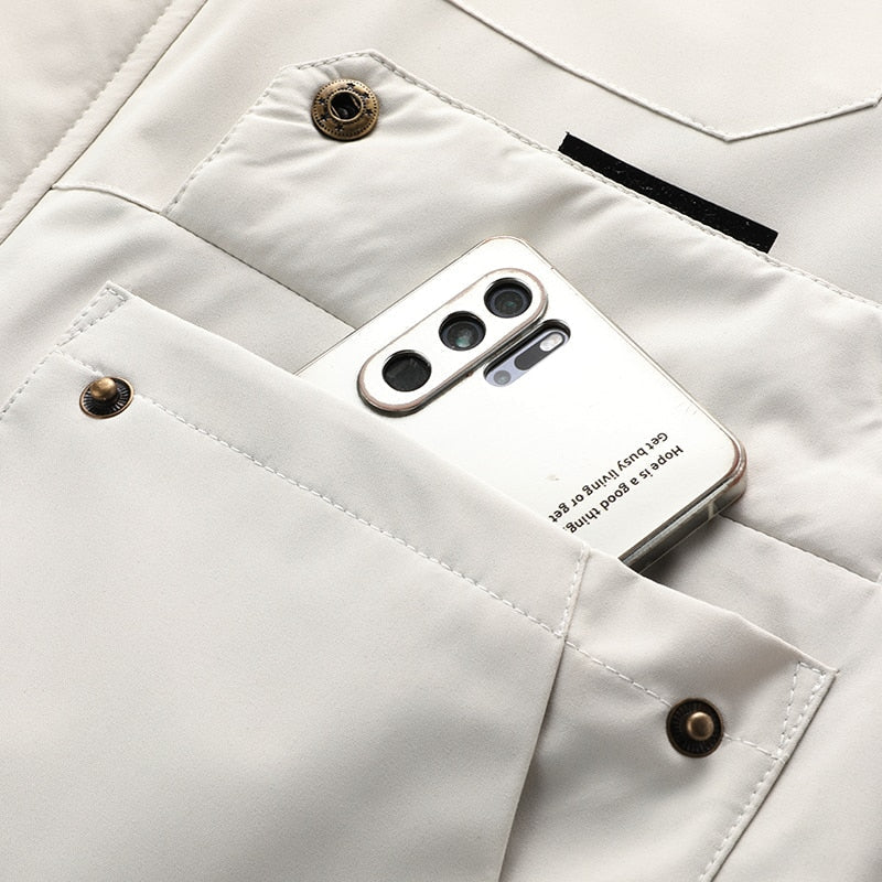 Men's Multi-Pocket Windbreaker Jacket with Stand Collar
