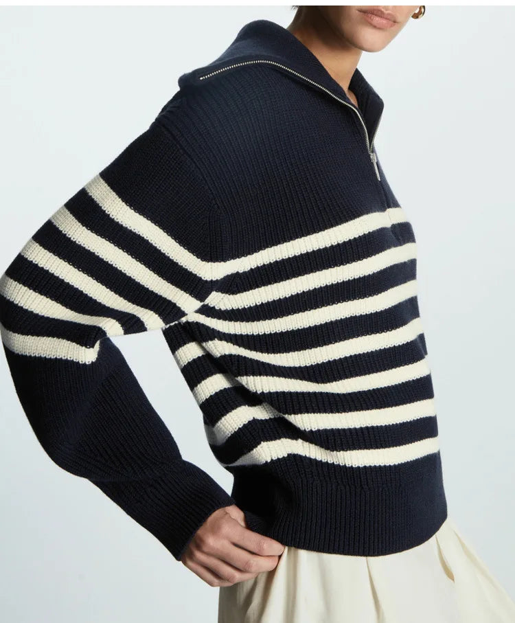Women's Striped Half-Zip Knit Sweater with Collar