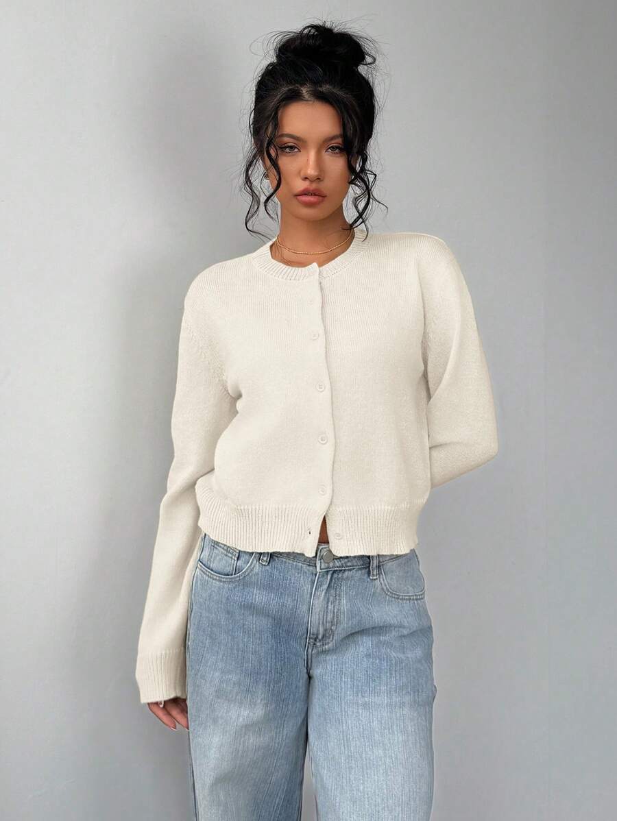 Women's Cropped Round Neck Button-Up Knit Cardigan