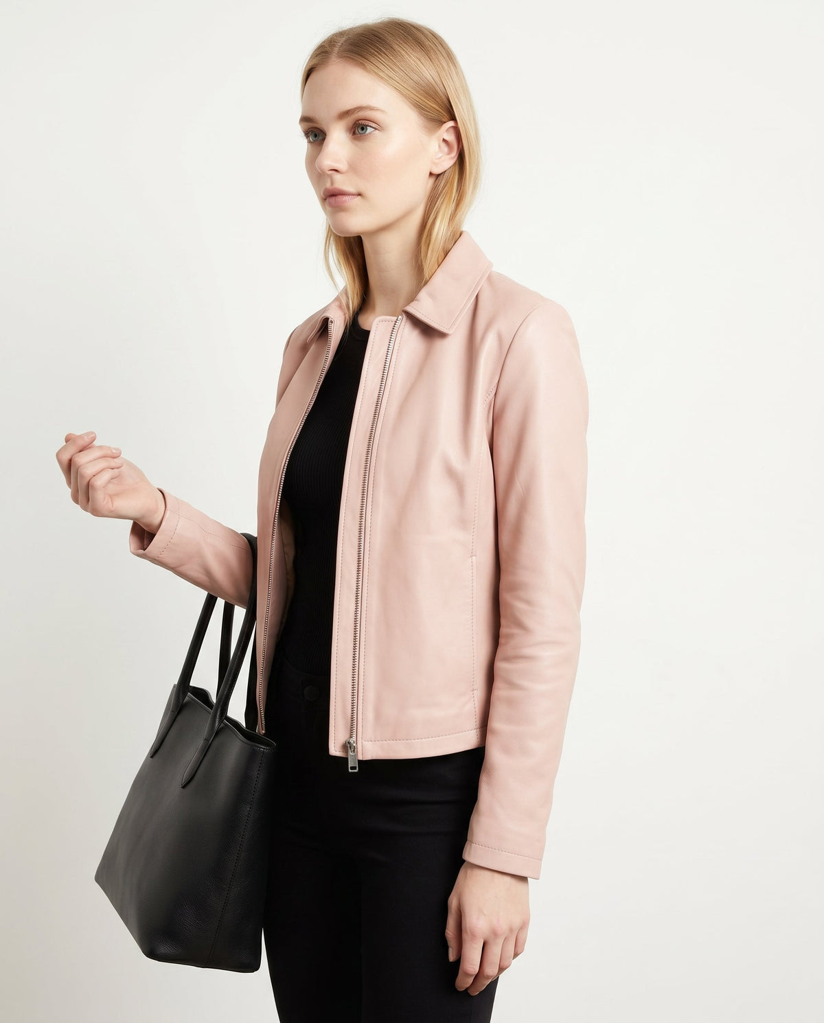 Women's Faux Leather Racer Jacket with Band Collar