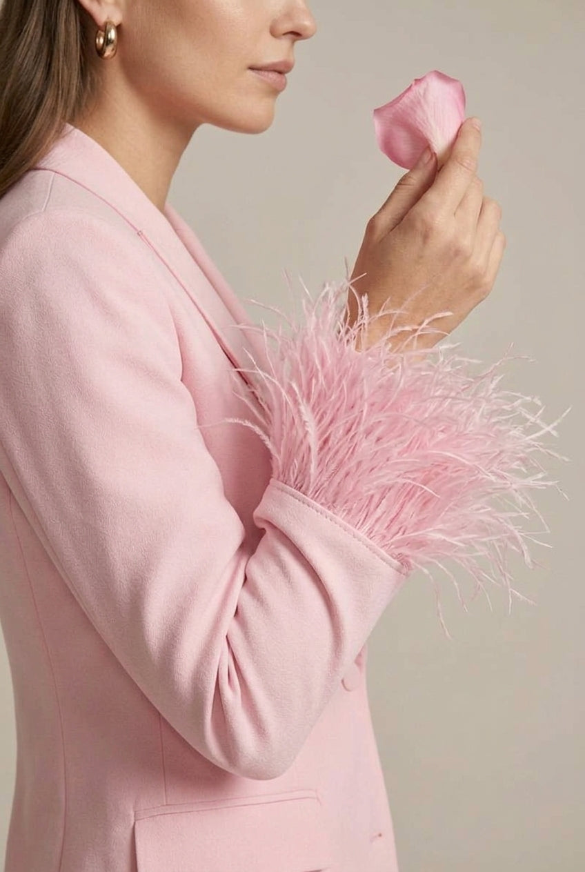 Women's Tailored Blazer and Trouser Set with Feather Trim