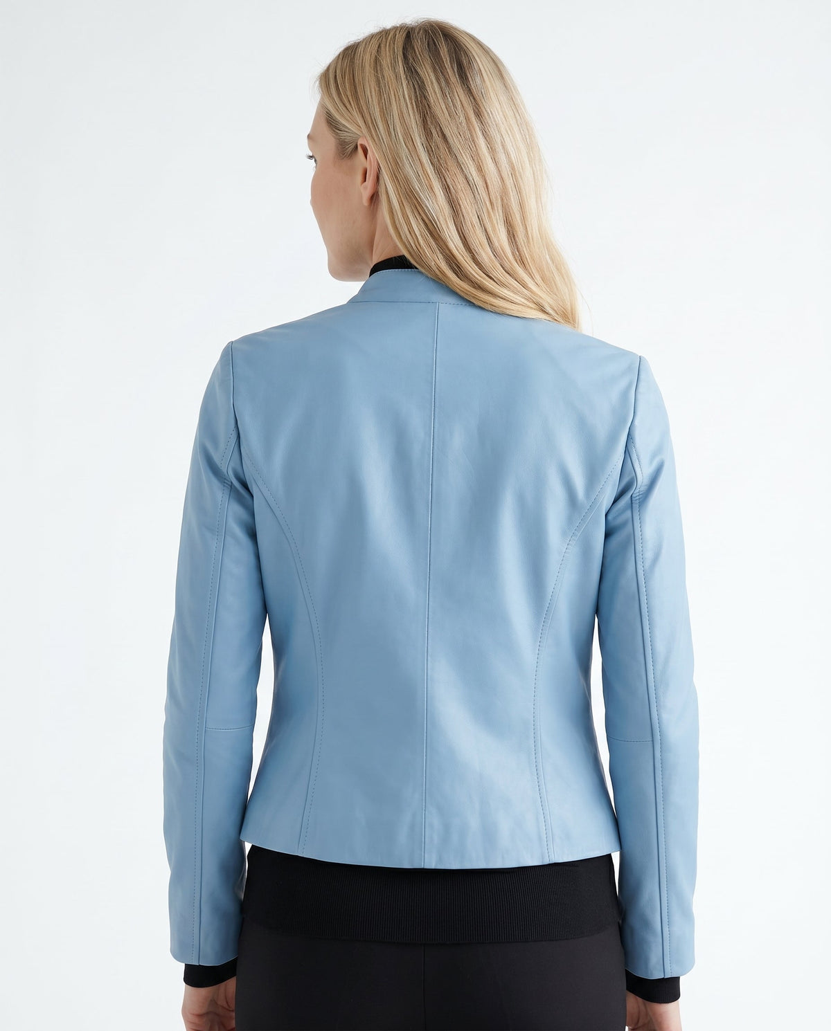 Women's Faux Leather Racer Jacket with Band Collar