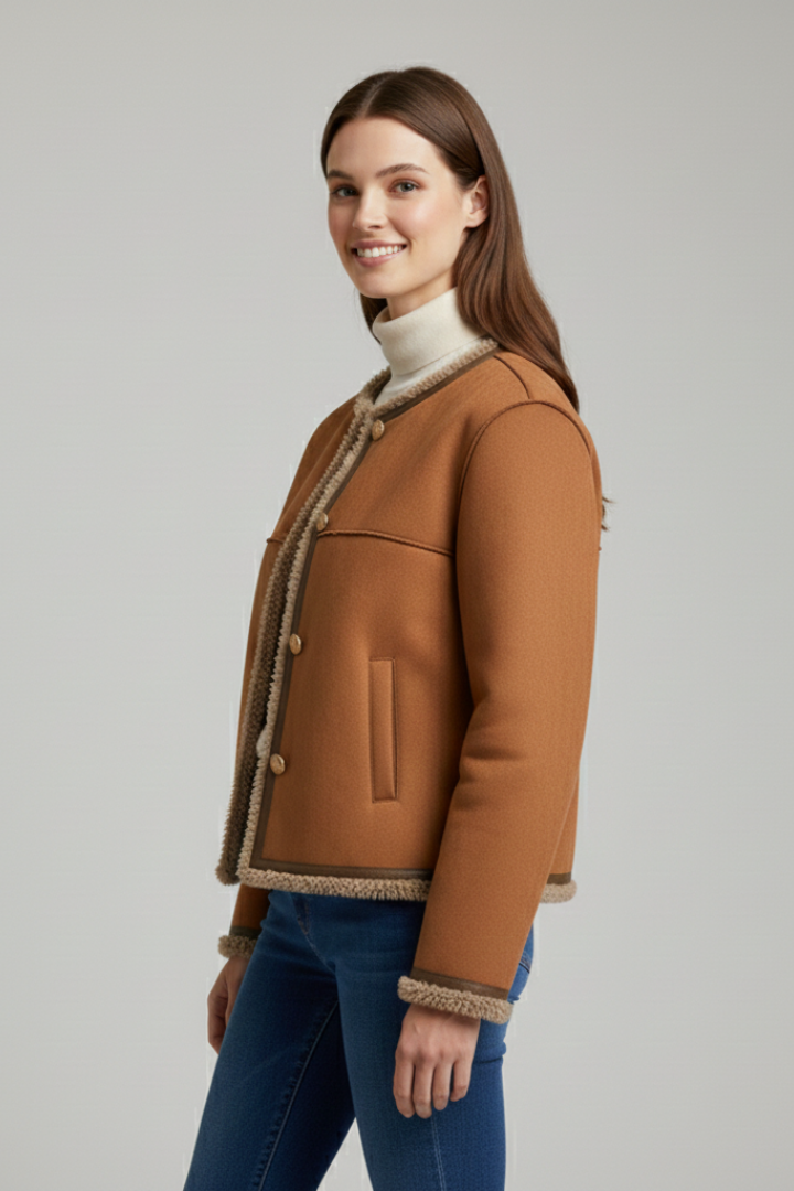 Women's Collarless Faux Suede Jacket with Faux Shearling Trim
