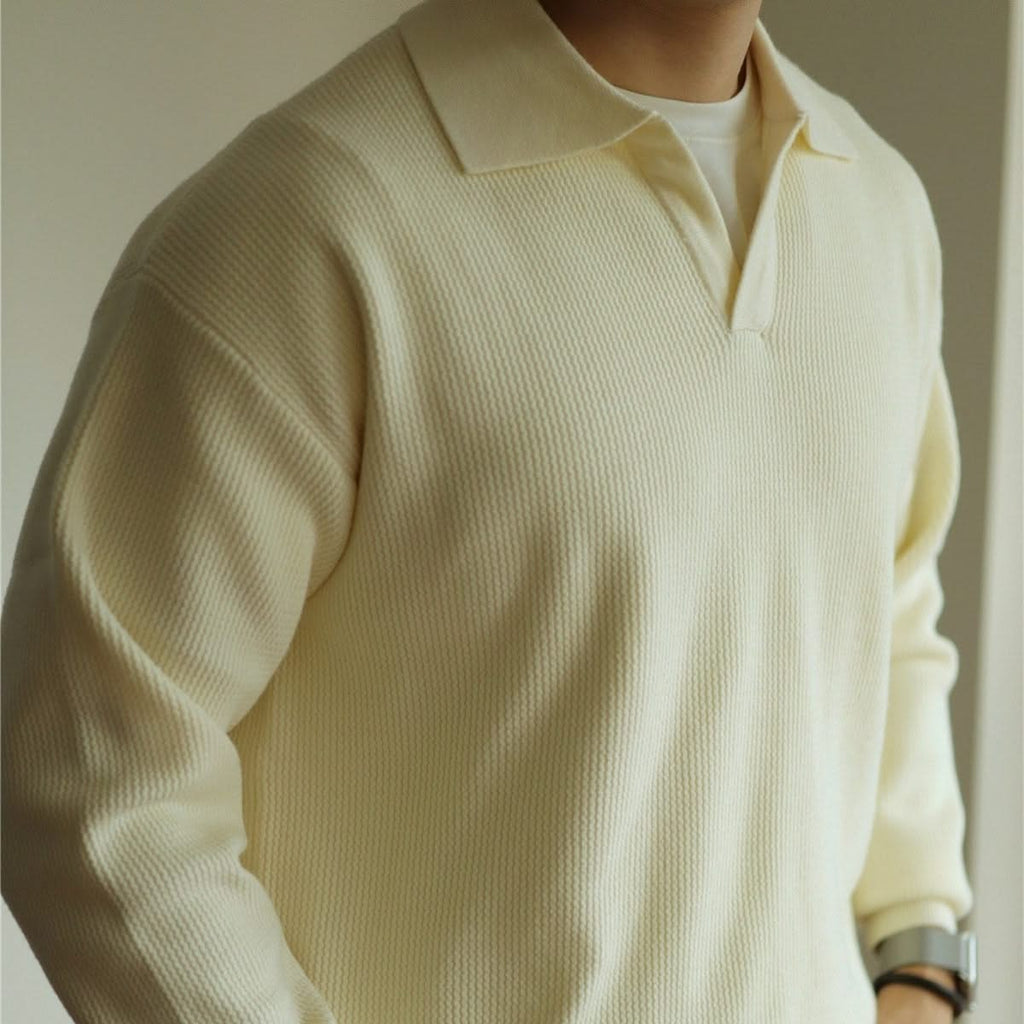 Men's Textured Knit Long Sleeve Polo Sweater