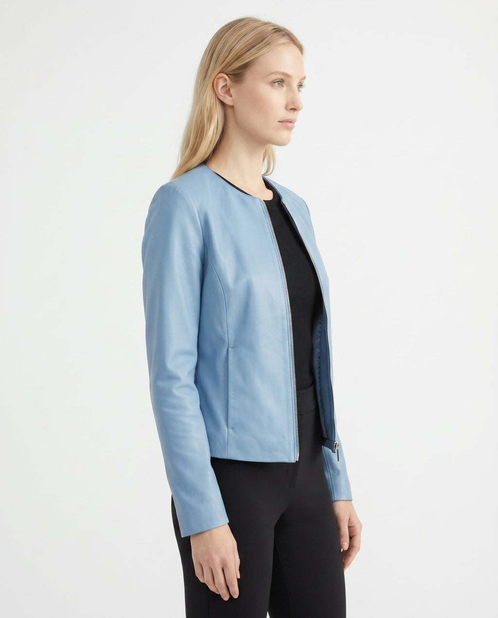 Women's Faux Leather Racer Jacket with Band Collar