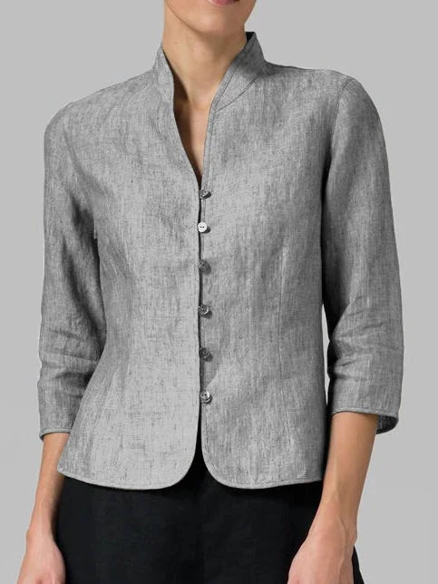 Women's Stand Collar V-Neck Button Blouse with 3/4 Sleeves