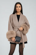 Women's Belted Wrap Coat with Faux Fur Cuffs