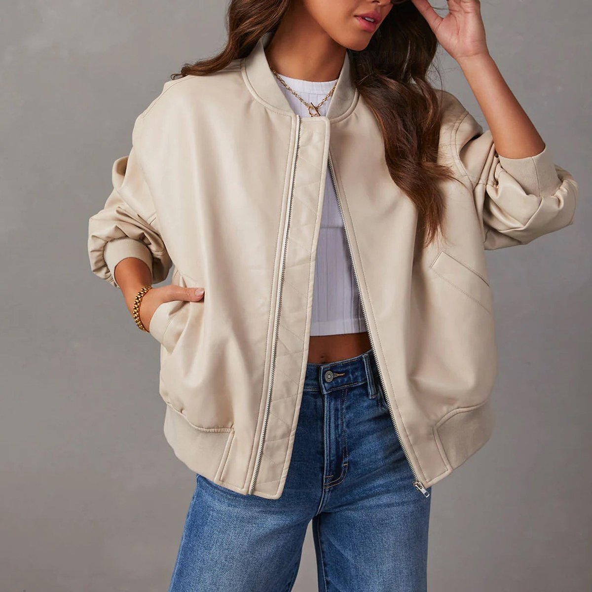 Women's Oversized Zip-Up Bomber Jacket with Ribbed Trim