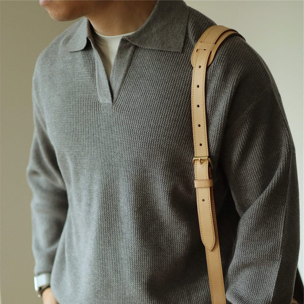 Men's Textured Knit Long Sleeve Polo Sweater