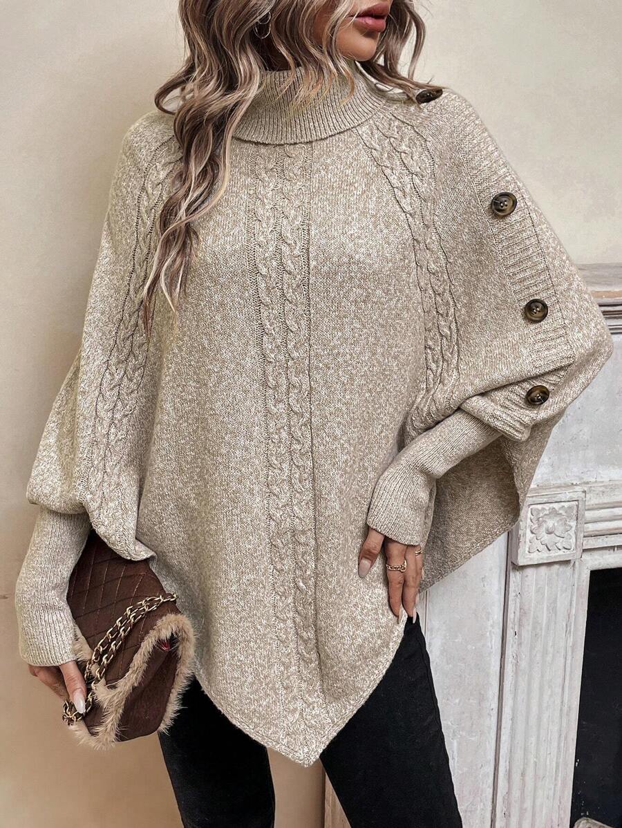 Women's Cable Knit Poncho Sweater with Button Detail