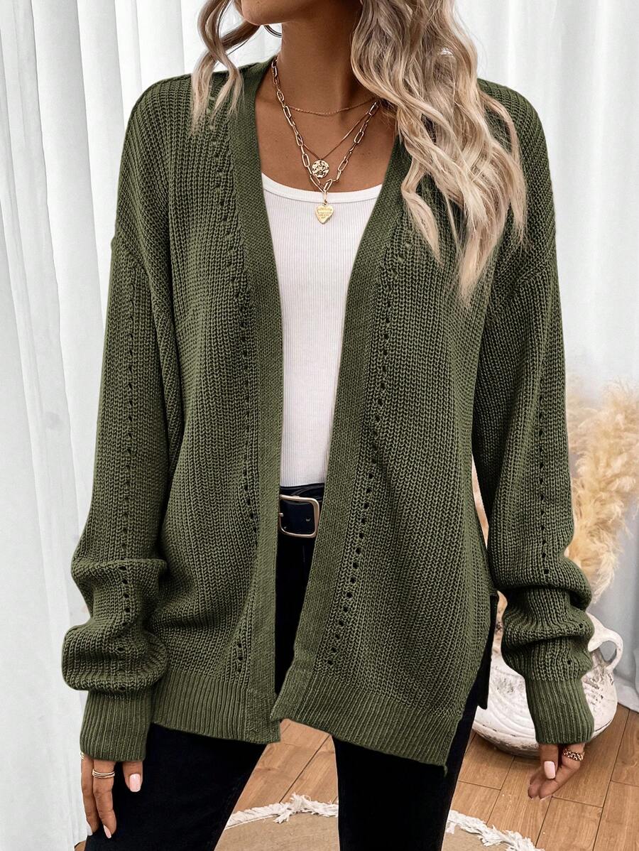 Women's Pointelle Knit Open Front Cardigan with Side Slits