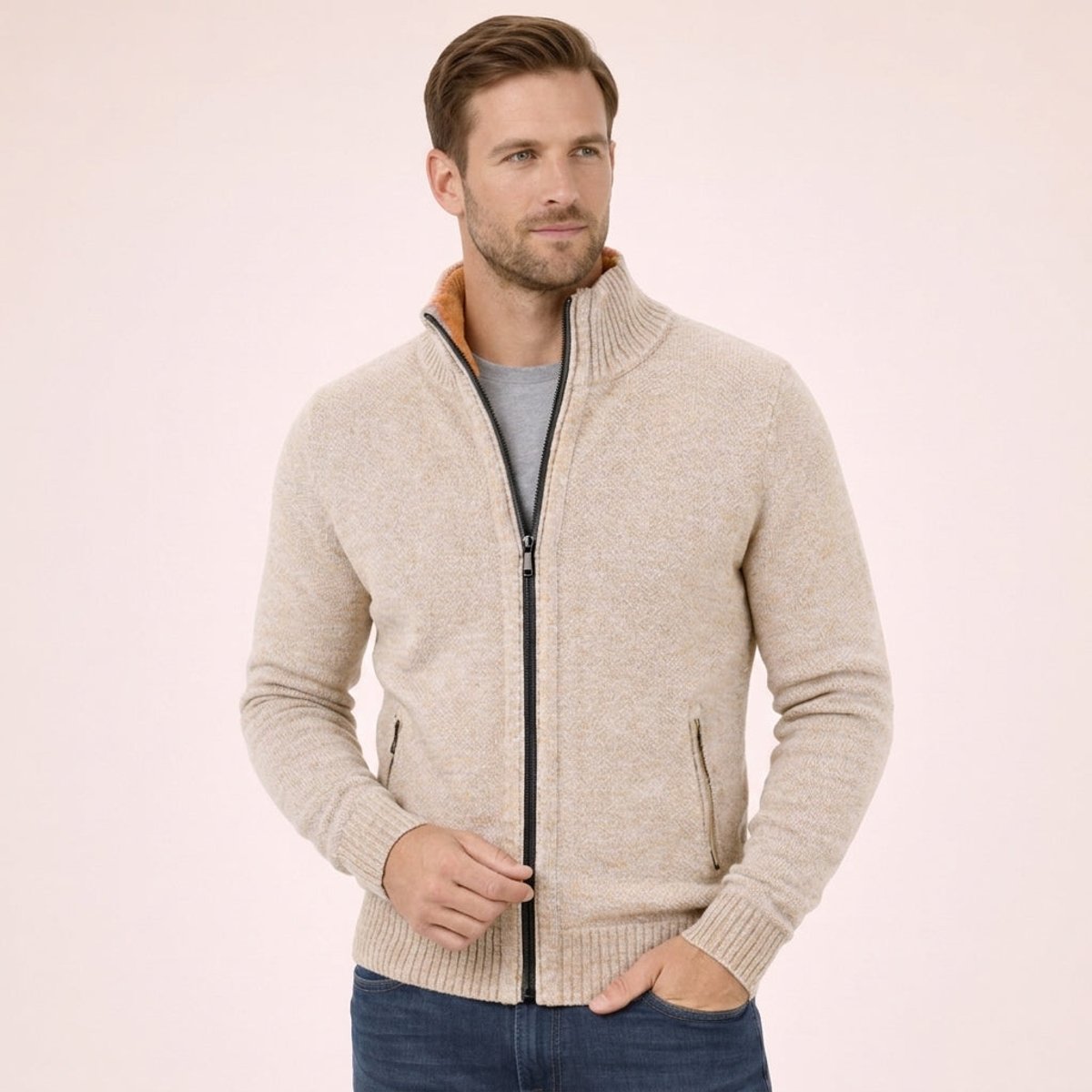 Men's Full-Zip Knit Cardigan Sweater with Stand Collar
