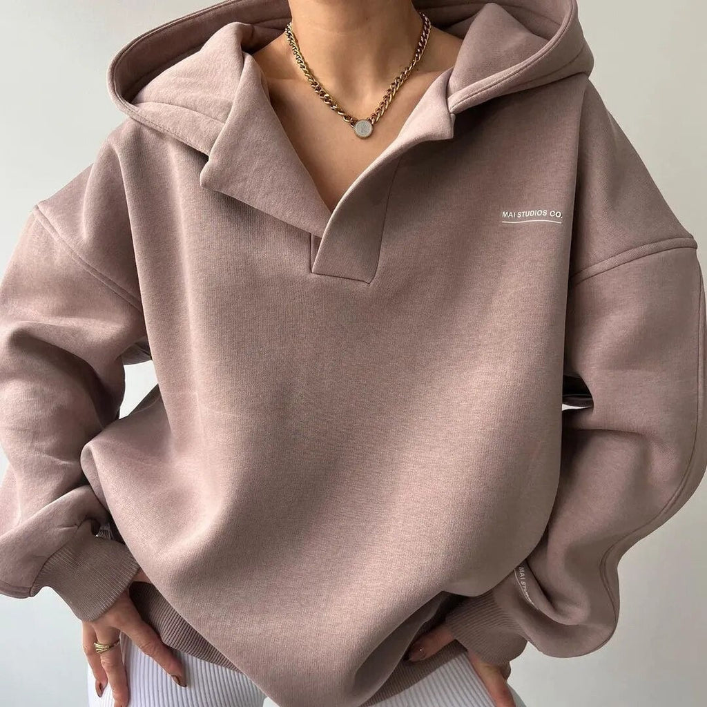 Women's Oversized Notch Neck Hoodie with Collar Detail