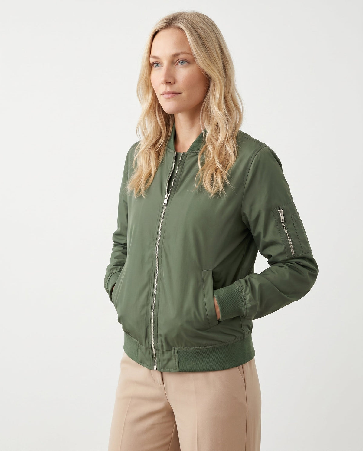 Women's Classic Bomber Jacket with Sleeve Zip Pocket
