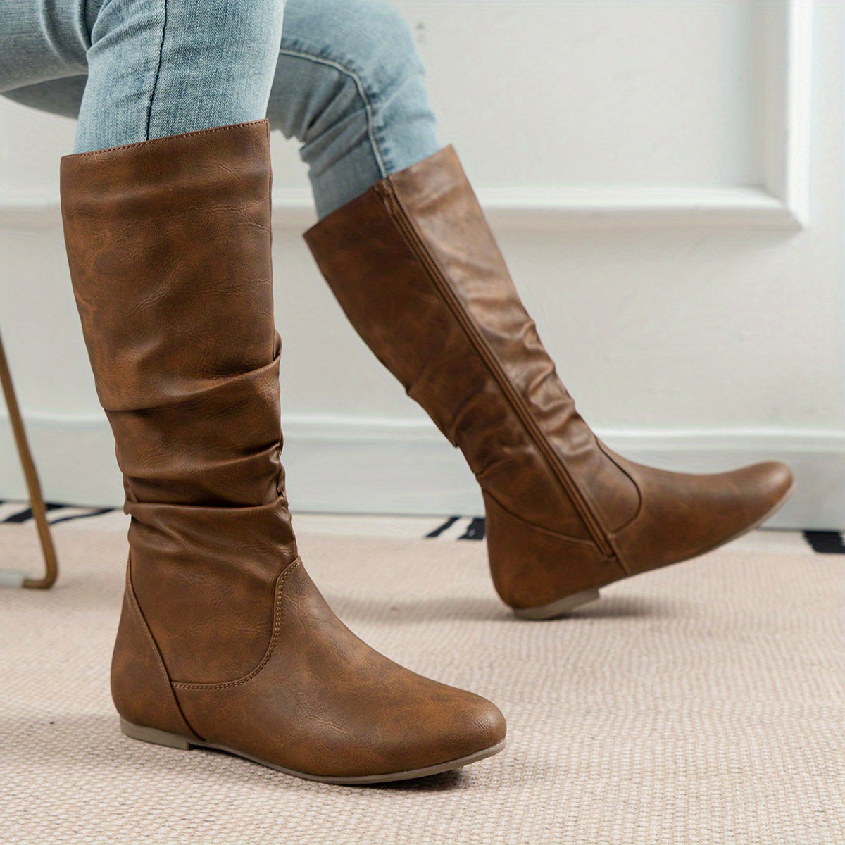 Women's Slouchy Knee-High Flat Boots with Side Zip