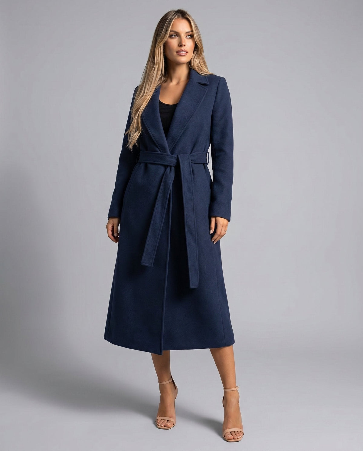 Women's Belted Longline Wrap Coat with Notch Lapel