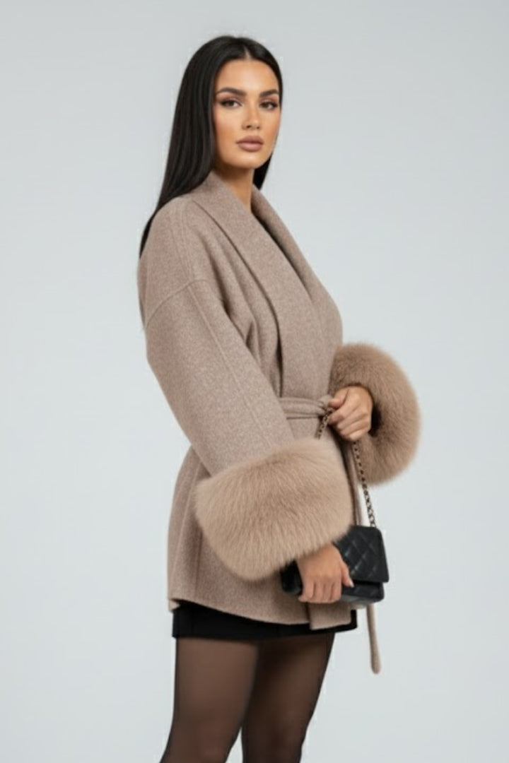 Women's Belted Wrap Coat with Faux Fur Cuffs