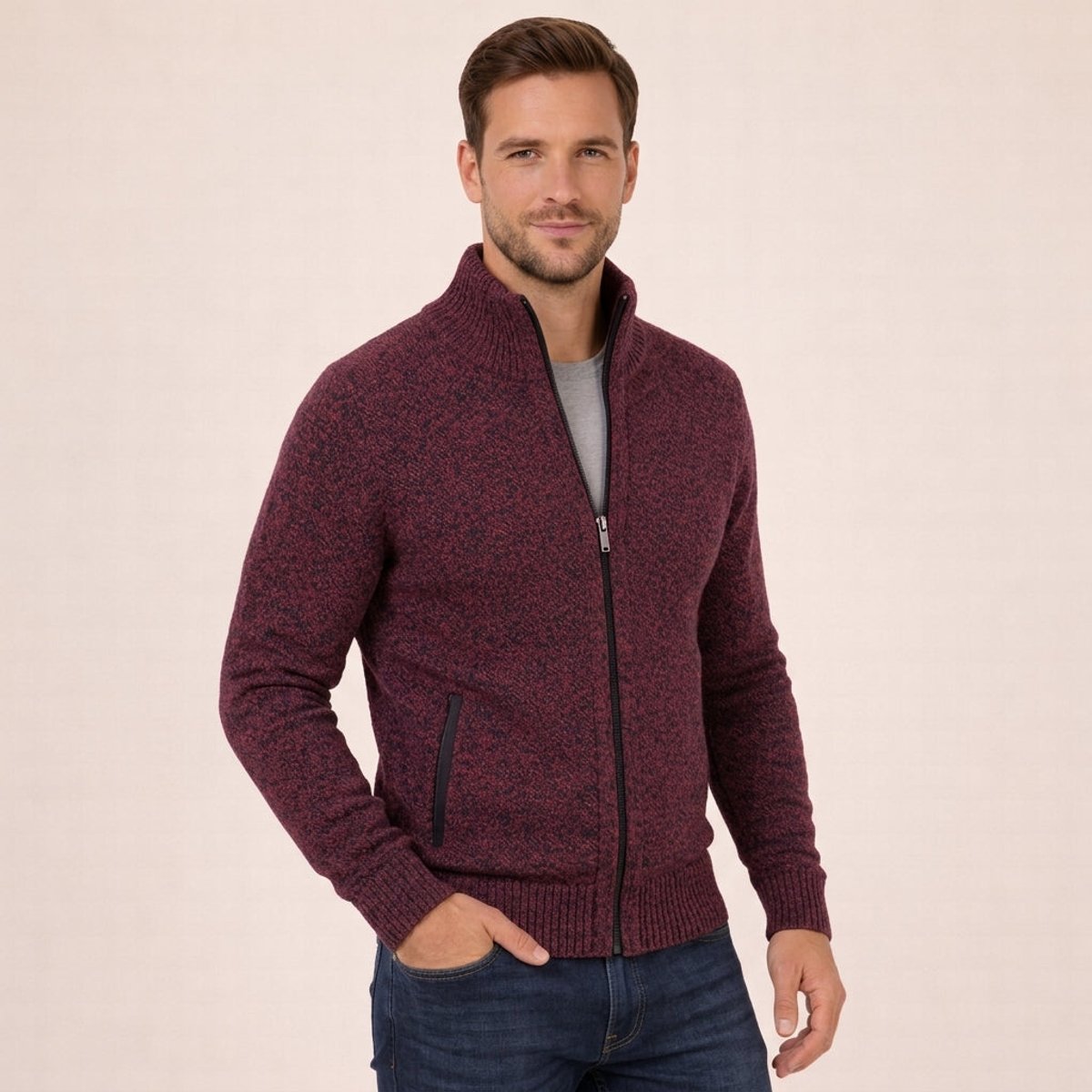 Men's Full-Zip Knit Cardigan Sweater with Stand Collar