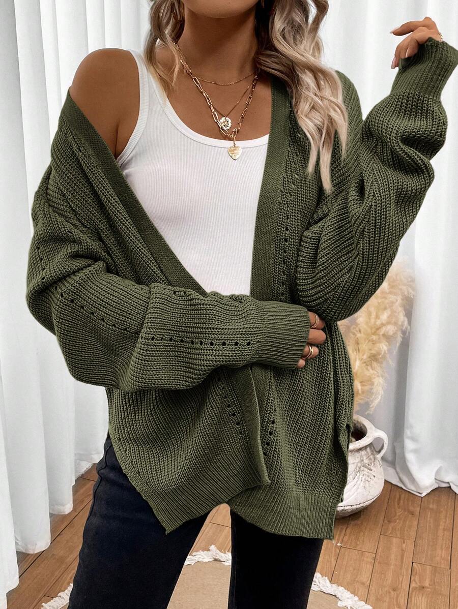 Women's Pointelle Knit Open Front Cardigan with Side Slits