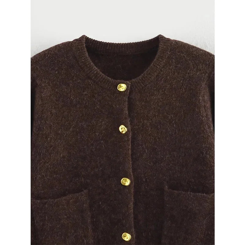 Women's Cropped Button-Front Knit Cardigan with Gold Buttons