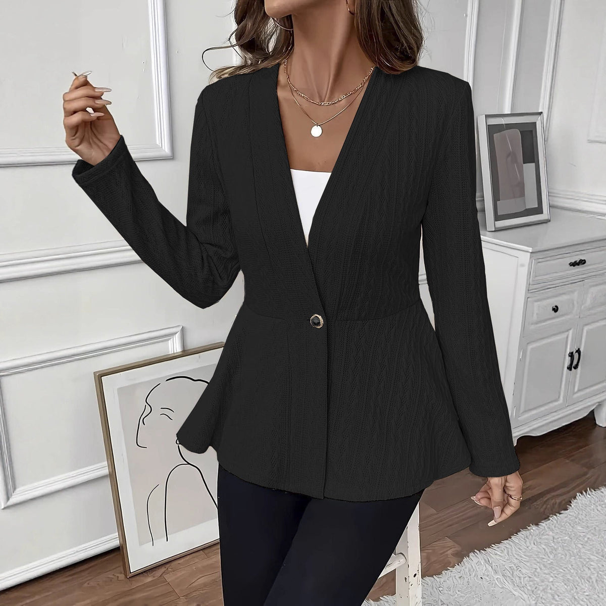 Women’s Textured Knit Peplum Blazer with V-Neck