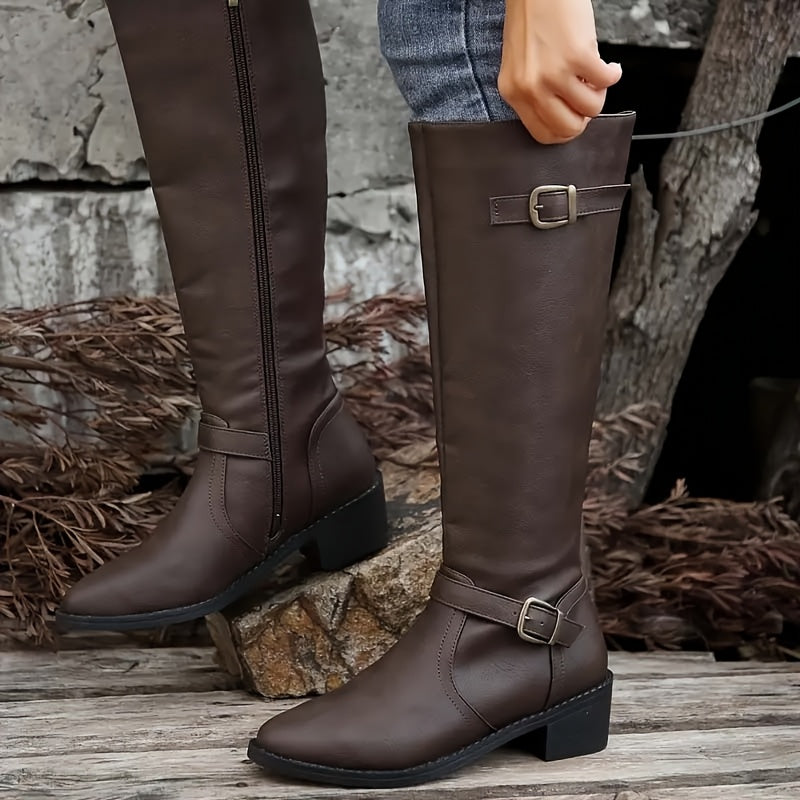 Women's Knee-High Riding Boots with Buckle Detail