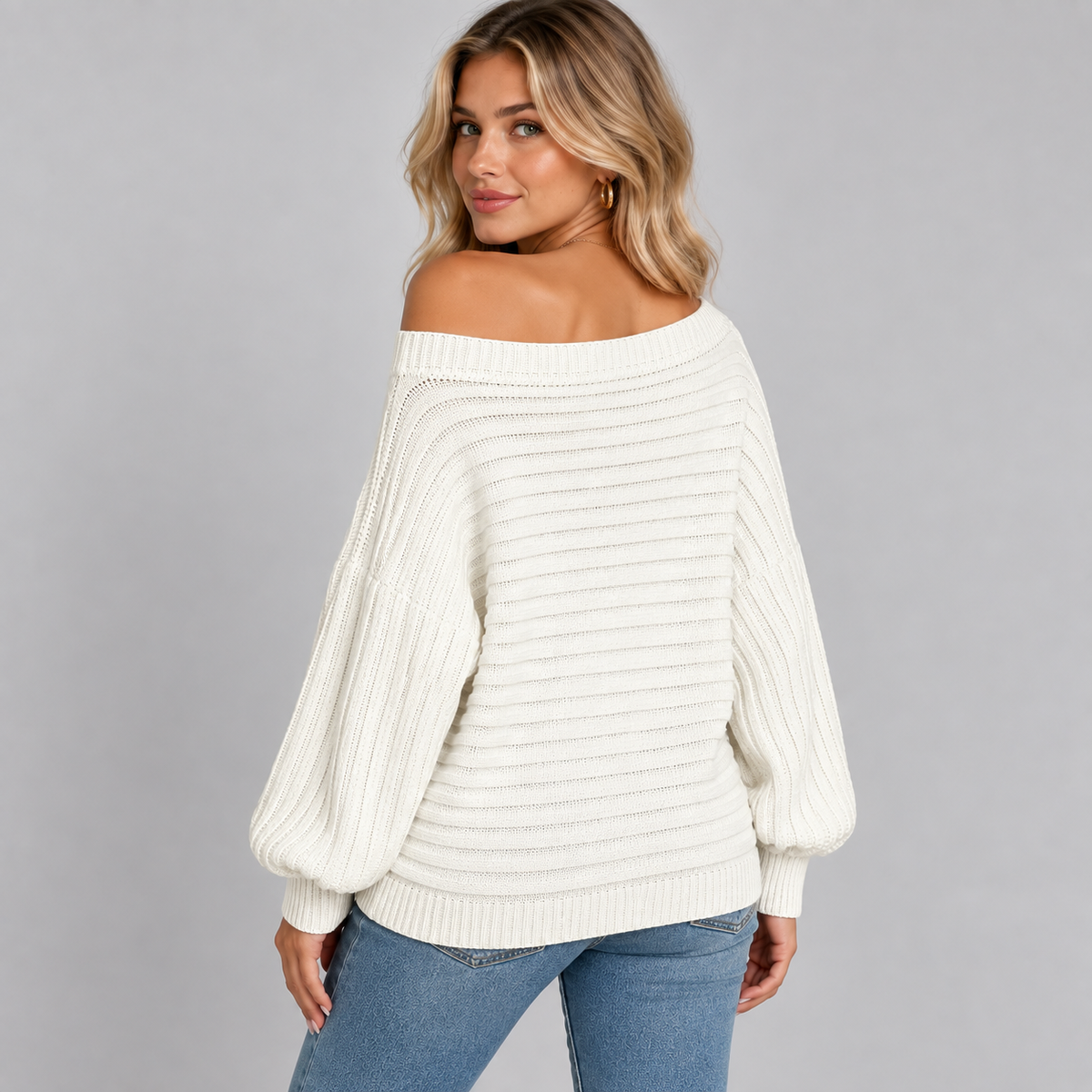 Women's Off-Shoulder Ribbed Knit Sweater with Batwing Sleeves