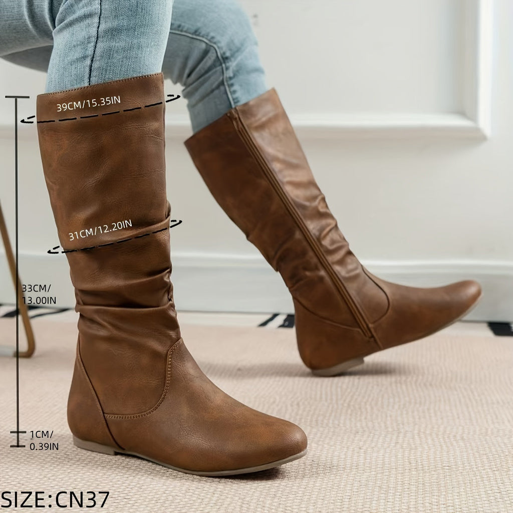 Women's Slouchy Knee-High Flat Boots with Side Zip