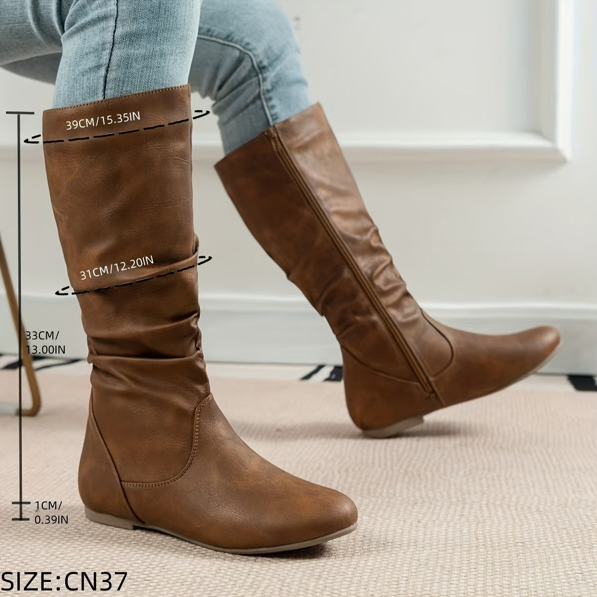 Women's Slouchy Knee-High Flat Boots with Side Zip