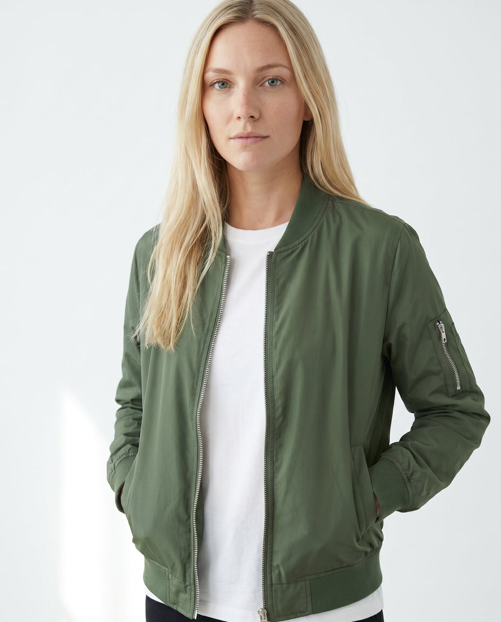 Women's Classic Bomber Jacket with Sleeve Zip Pocket