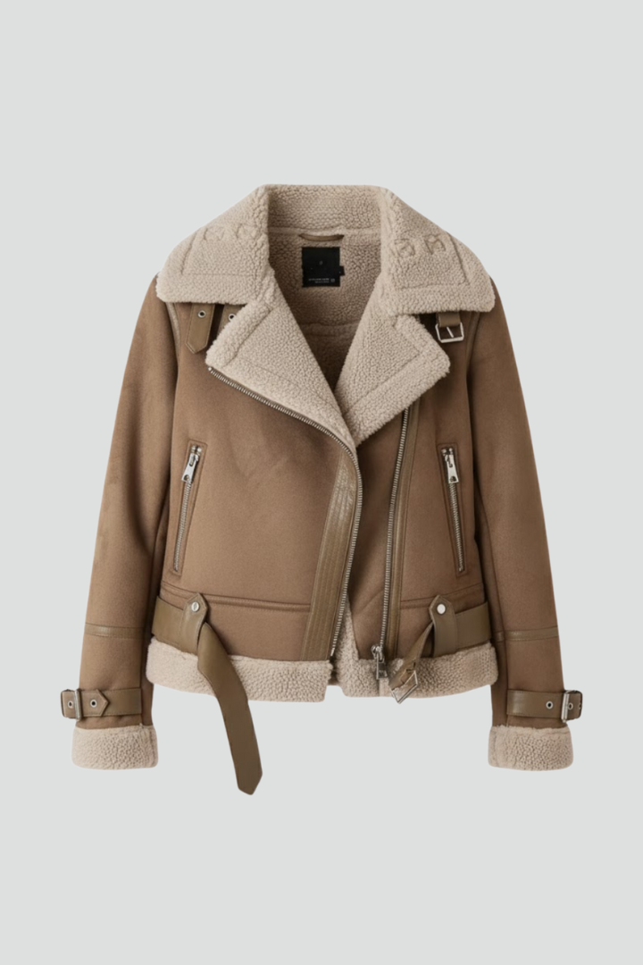 Women's Faux Shearling Aviator Jacket with Buckle Details