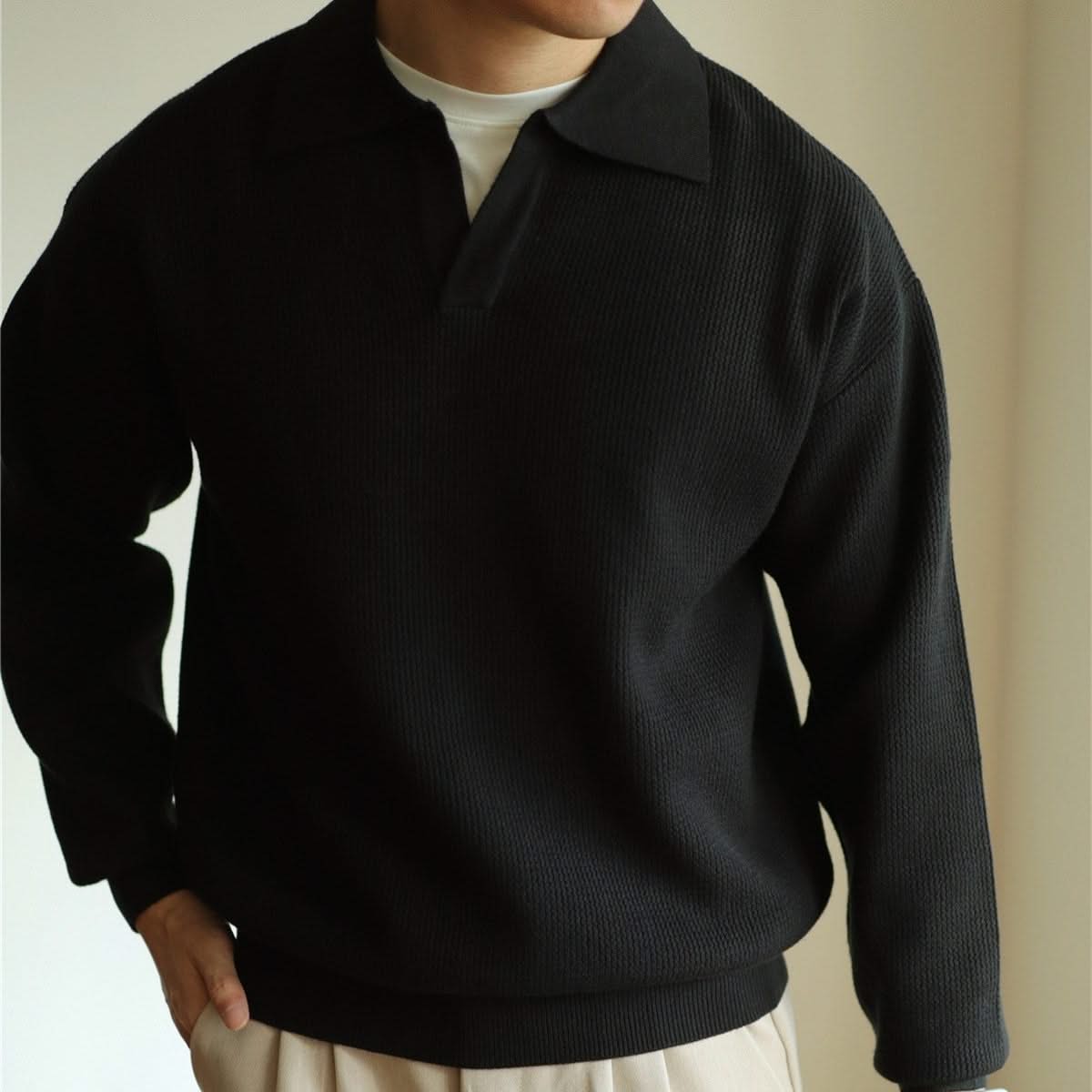 Men's Textured Knit Long Sleeve Polo Sweater