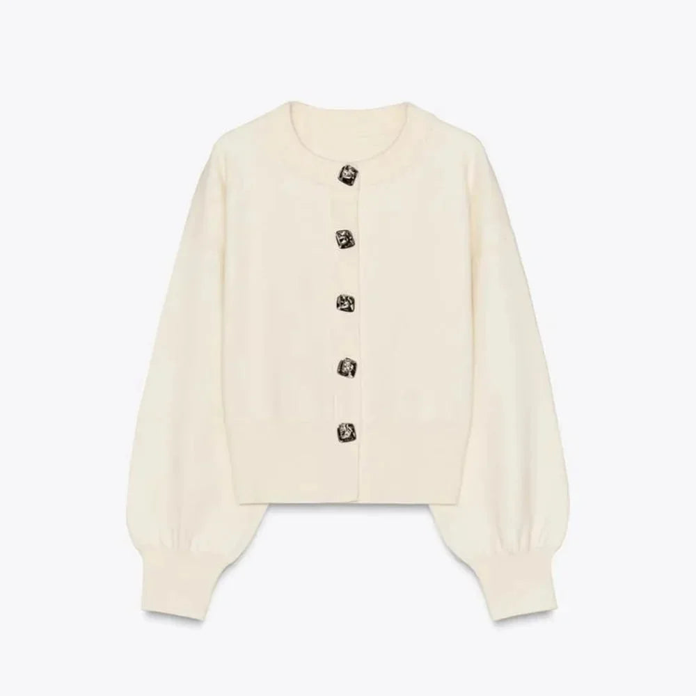 Women's Cropped Cardigan with Statement Jewel Buttons