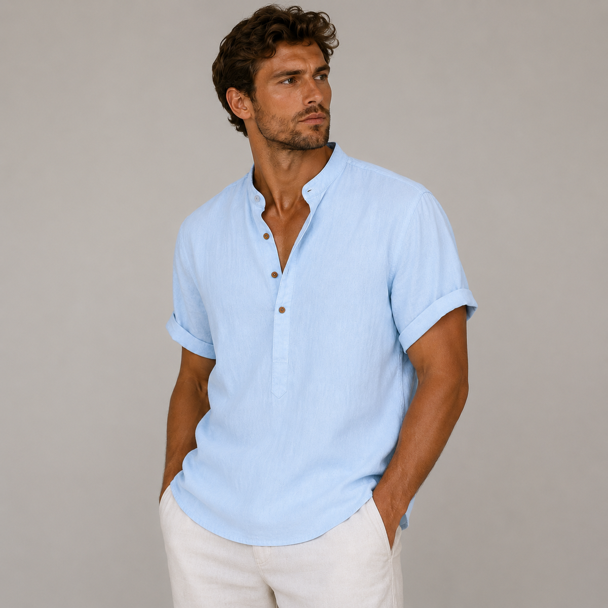 Men's Short Sleeve Band Collar Popover Shirt