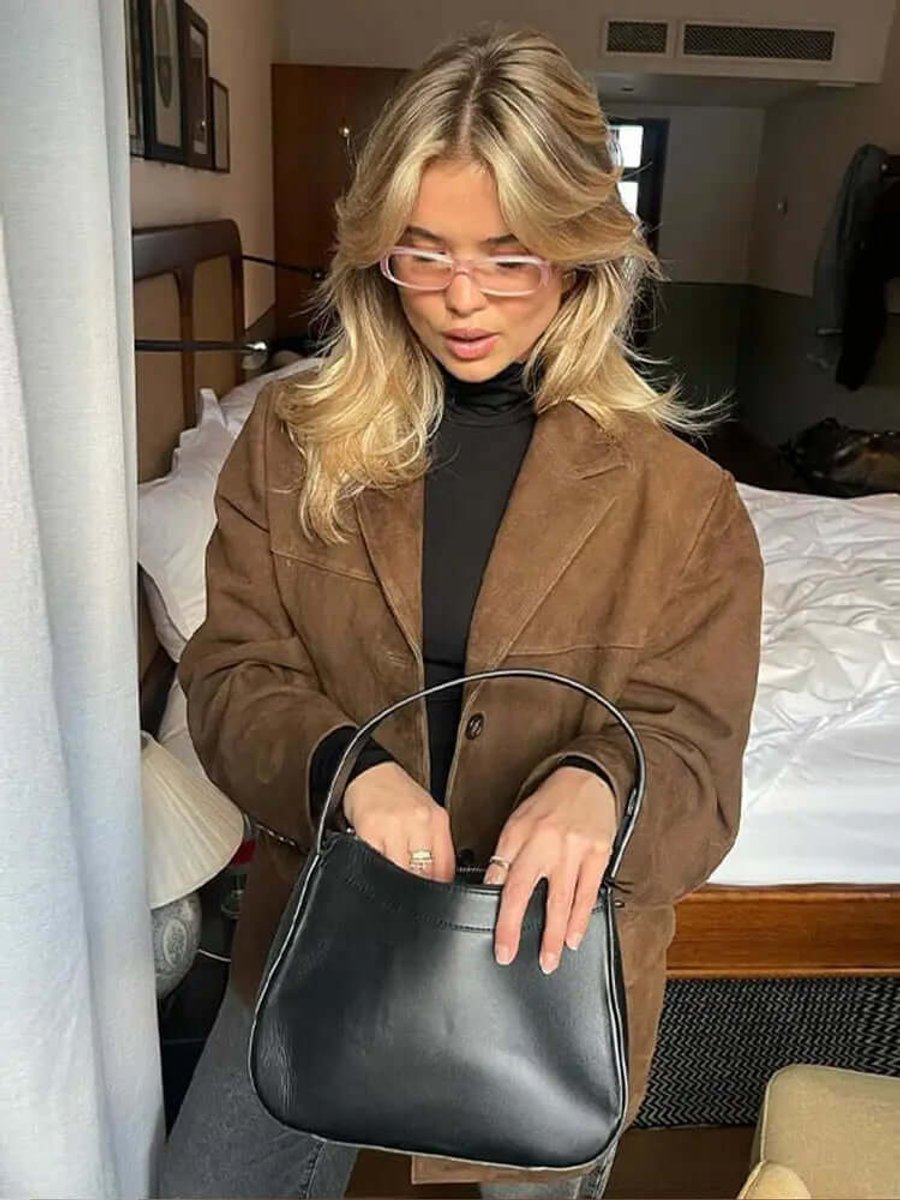 Women's Oversized Suede-Look Blazer Jacket with Notch Lapel